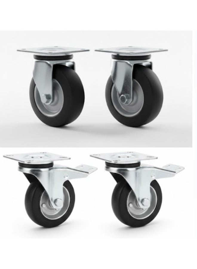 5" Rubber swivel casters, leave no marks on the floor, 2 with brakes + 2 without brakes, for carts, furniture, workshops and garages. - Image 1